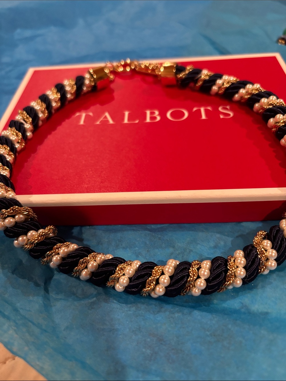 Talbots Navy Twisted Rope Necklace with Pearls and Gold-Tone Braids
